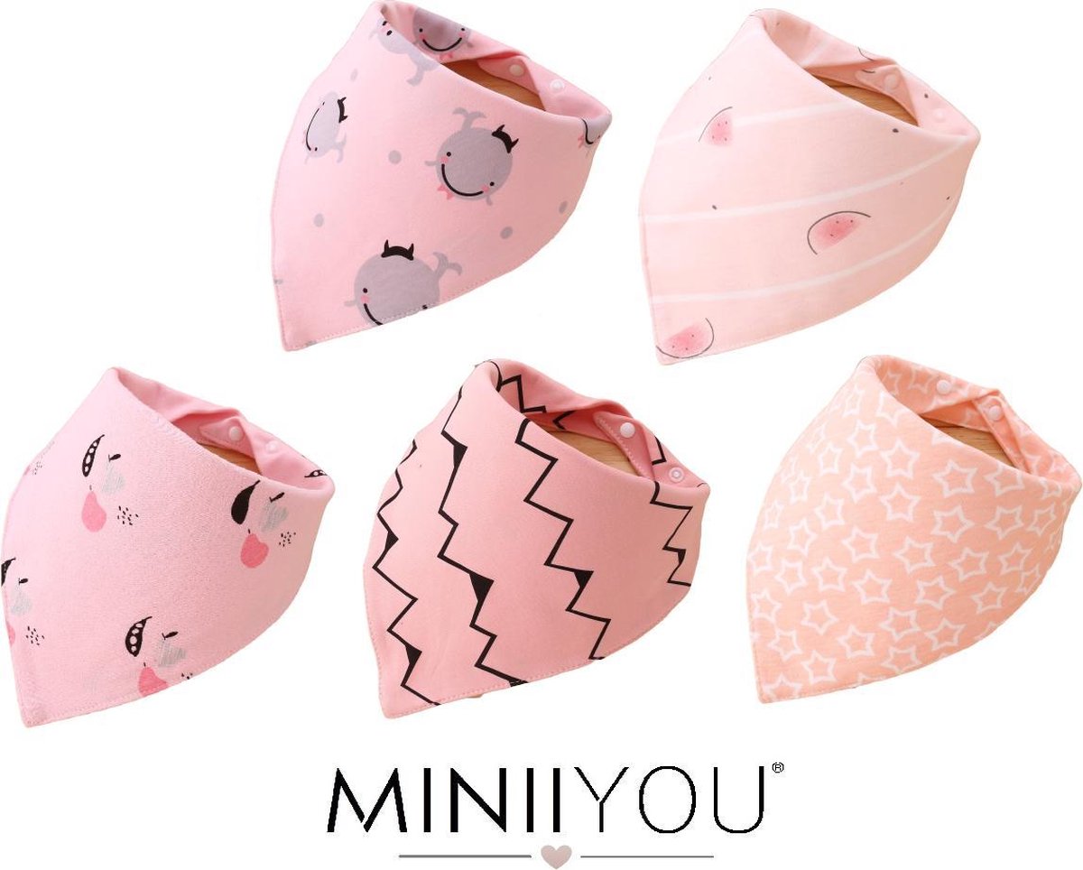 MINIIYOU® Set van 5 stuks | Bandana kwijl Slabbetjes meisjes roze walvis | 2-laags katoen | Slabbetjes pack | Baby en peuter slab | puntslab | Puntsjaaltjes | Slabber Verstelbaar in 2 maten | 100% katoen | Groot formaat