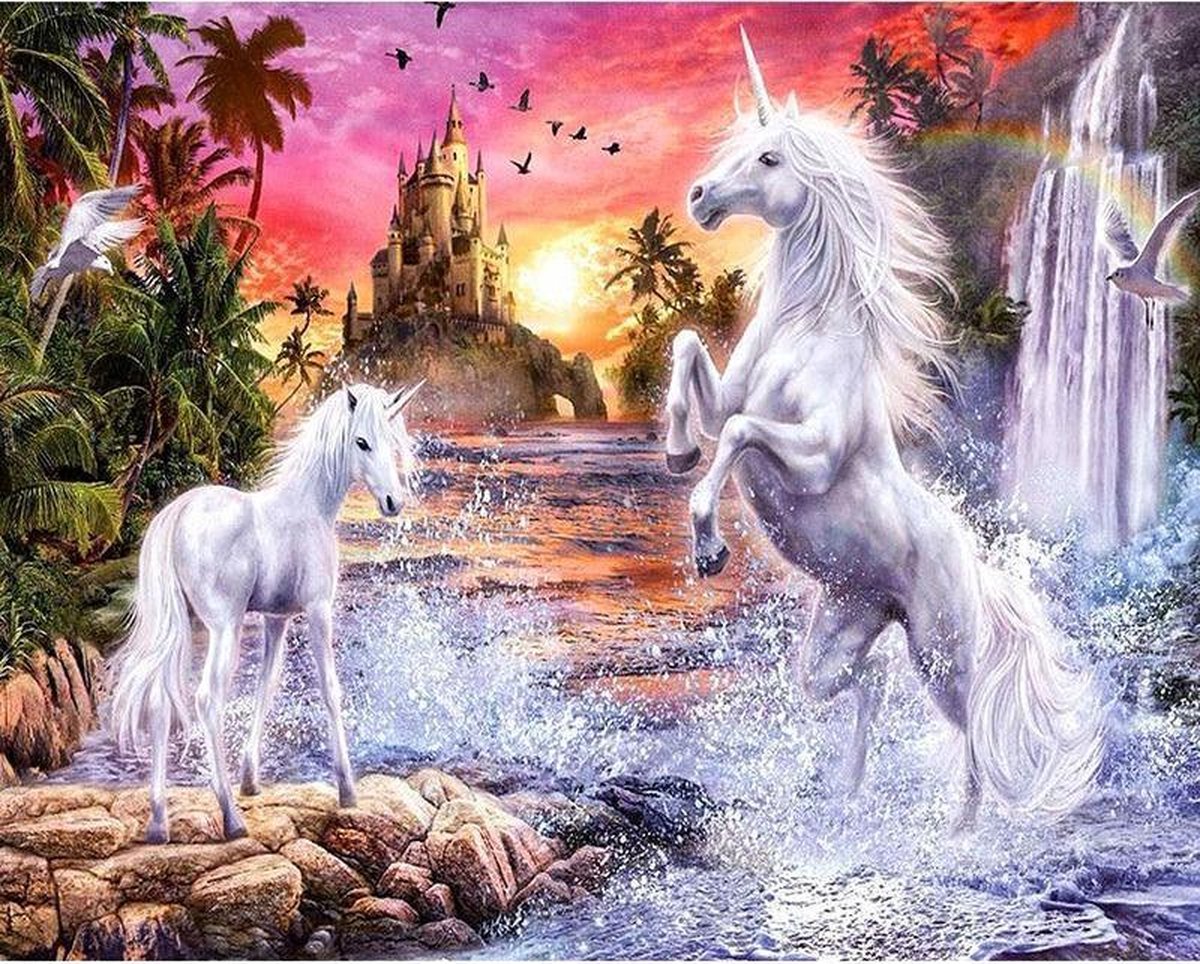 Diamond Painting Unicorn Eenhoorn Fairy Tail 2 Eenhoorns in Droomlandschap. Complete starters set Bestaande uit Extra wax