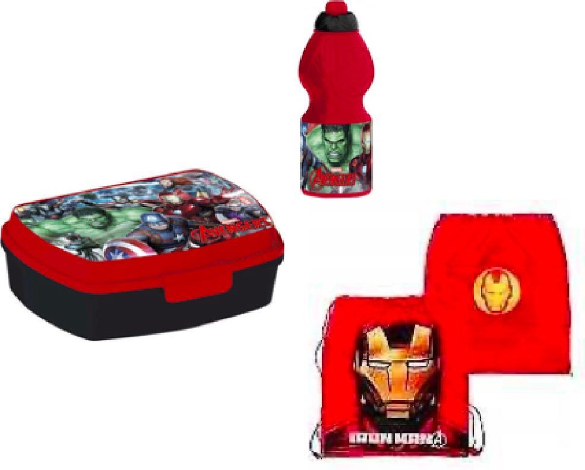 Iron Man gymzak (44 cm - 38 cm) + Marvel Avengers brooddoos (17 cm - 13 cm - 6 cm) + Drinkfles (18 cm hoog - 400 ml)