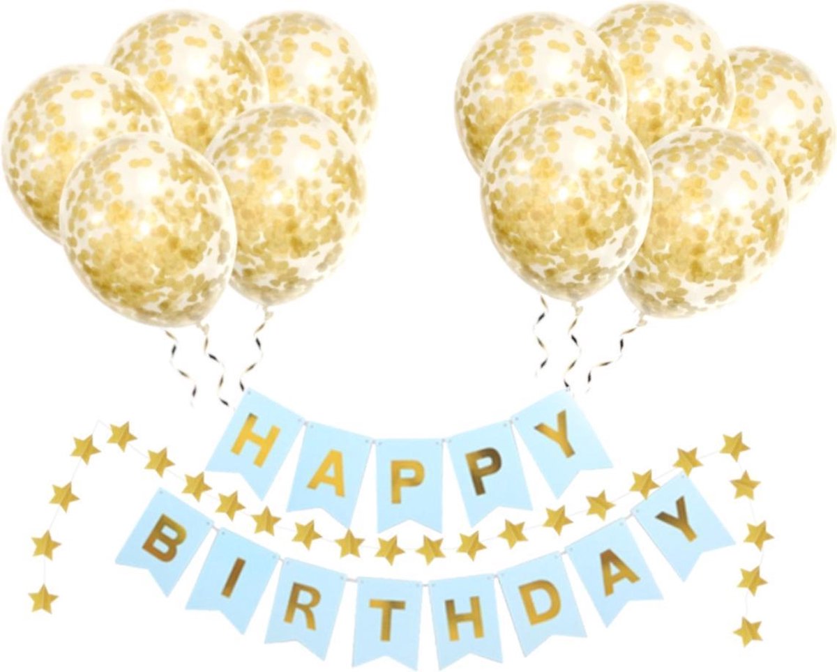 Happy Birthday Slinger Set Verjaardag Versiering Gouden Confetti Helium Ballonnen Verjaardag Versiering Blauw & Goud
