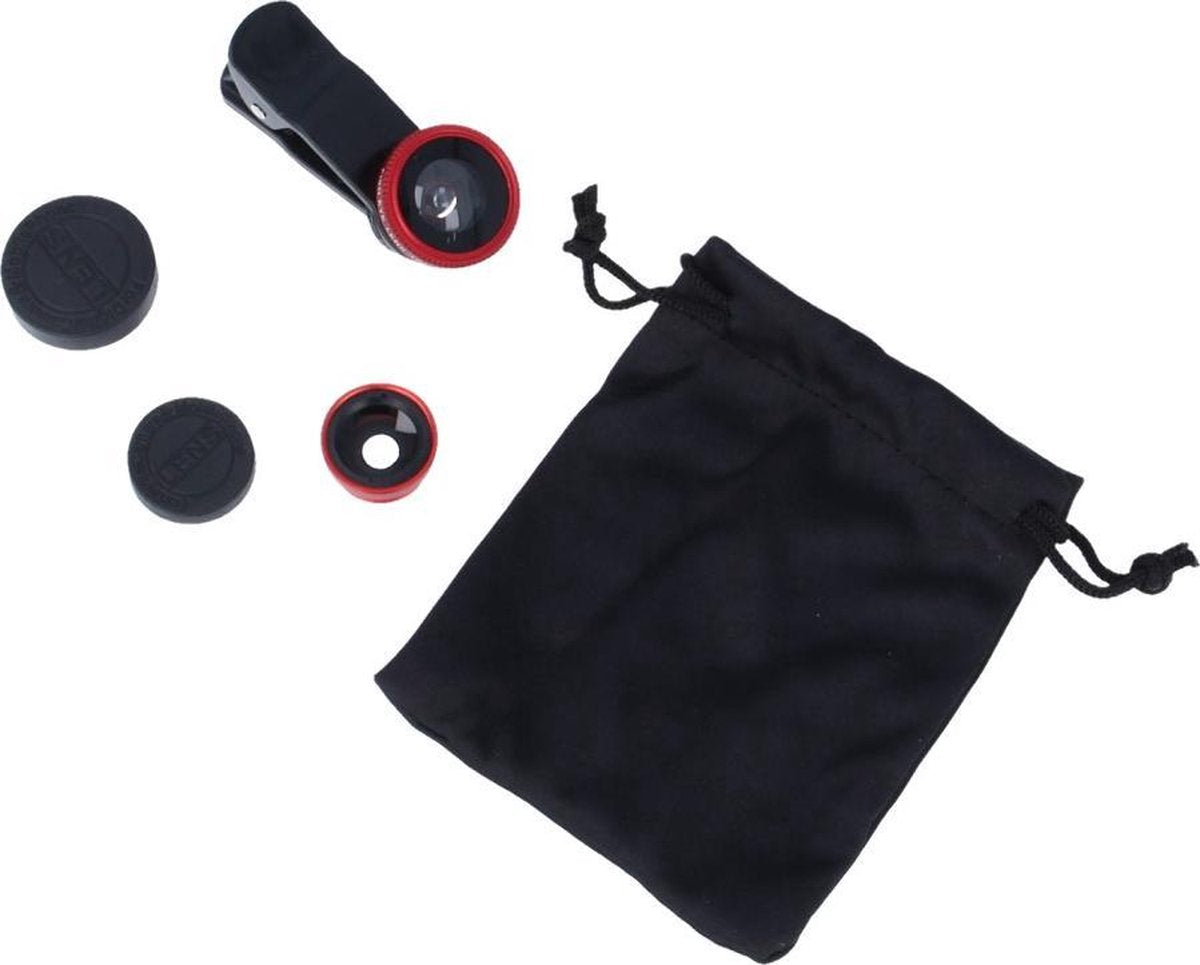 Clip Lens- 3-in-1 Fish Eye 180° Lens / Wide Lens / Macro Lens Universeel Tablet/Smartphone Rood