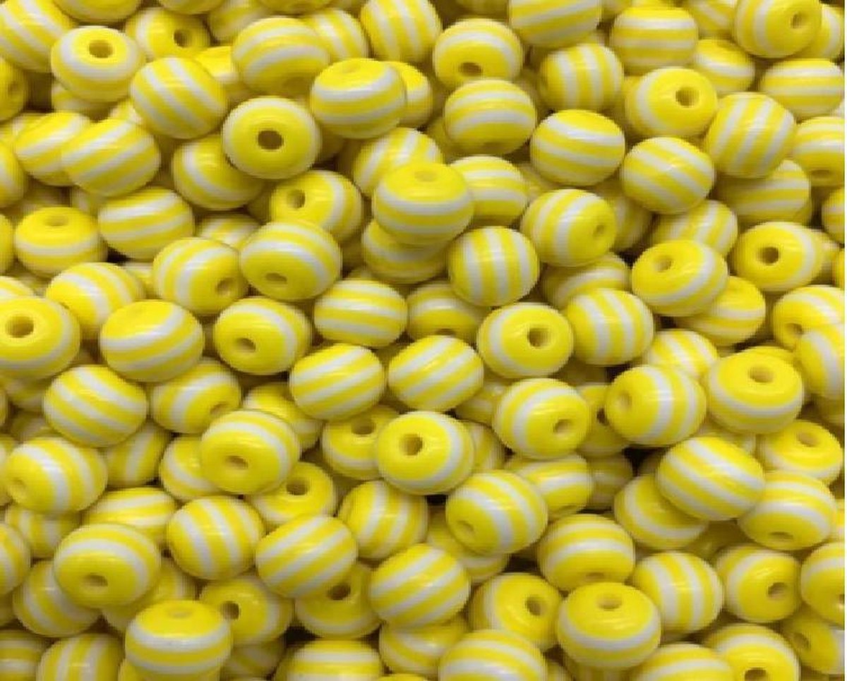 50x Kralen Rond geel / Wit Gestreept - 8 mm