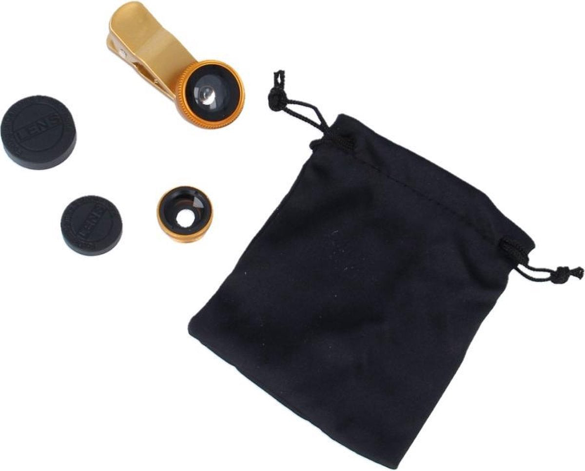 Clip Lens- 3-in-1 Fish Eye 180° Lens / Wide Lens / Macro Lens Universeel Tablet/Smartphone Goud