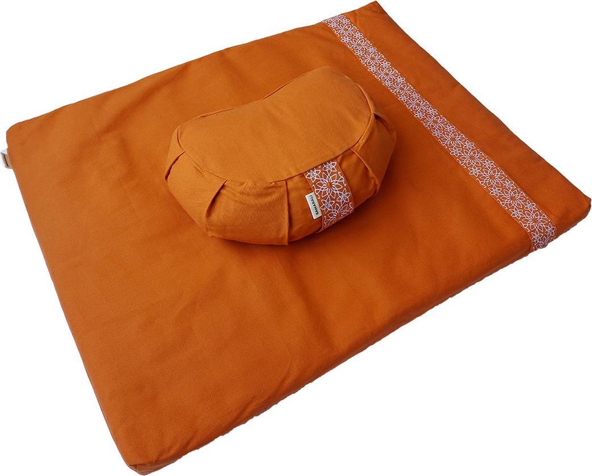 Meditatieset met kussen "crescent" (Oranje) |meditatiemat Zabuton en meditatiekussen|ethisch geproduceerd van 100% biologisch katoen (GOTS gecertificeerd) | Heeft 2 lagen | Verkrijgbaar in 6 natuurlijke kleuren