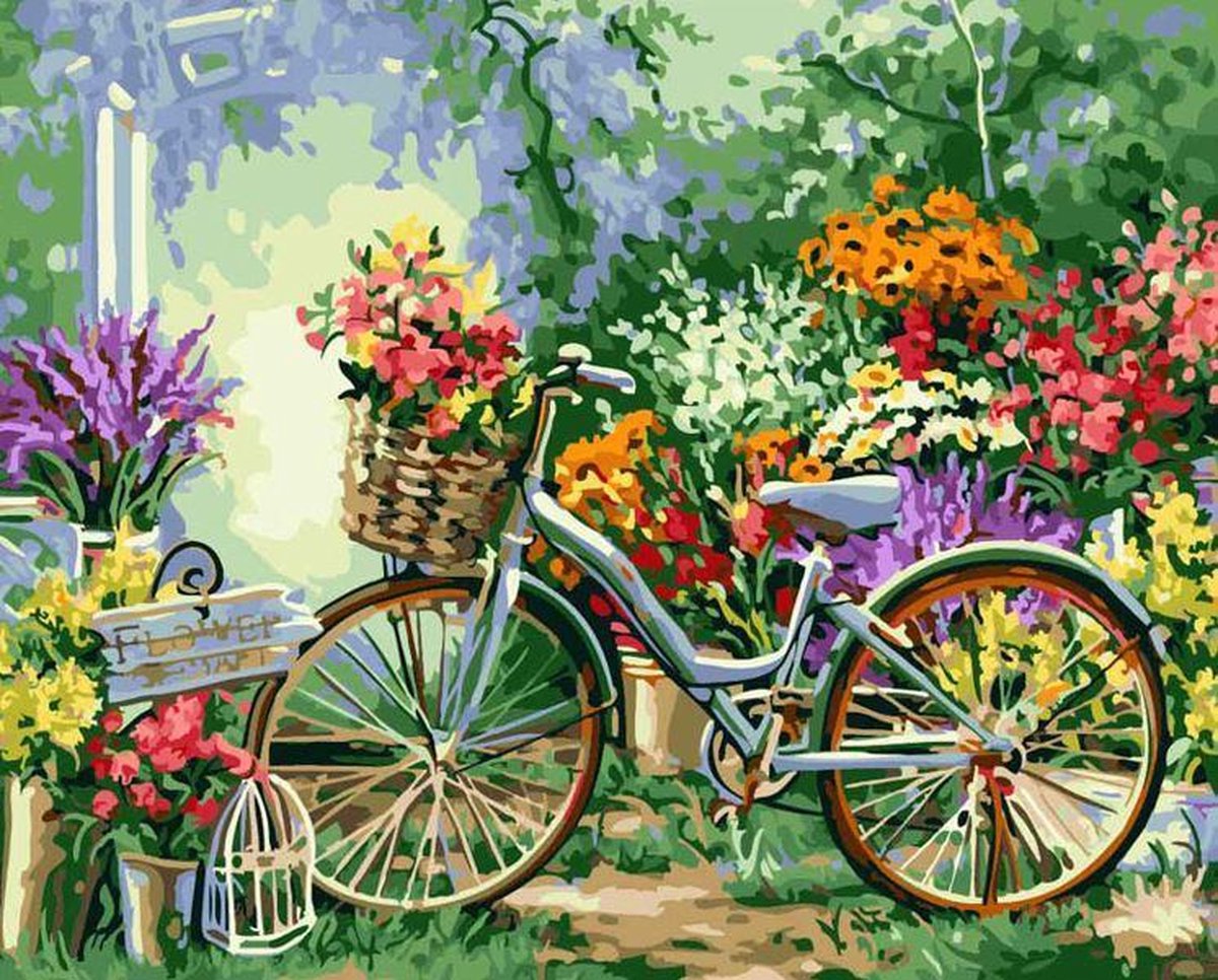 Paint By Numbers - Schilderen op Nummer - Fiets in Bloementuin - 50x40cm - Volwassenen & Kinderen - Stipco