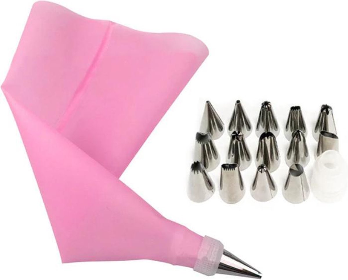 Siliconen Spuitzak met 16 Spuitmondjes - Garneerspuit - Decoratie - Roze