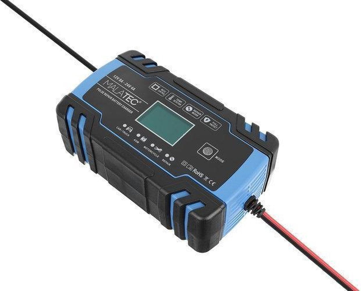 MalaTEC acculader 12V/24V - 6 Ah/150 Ah - Druppellader - Acculader voor Auto Motor Scooter Brommer Camper Vrachtwagen Truck - Accu reparatie - Beschermd acculaden - Acculader met reparatie functie - Reparatie functie - Temperatuur gecontroleerd -