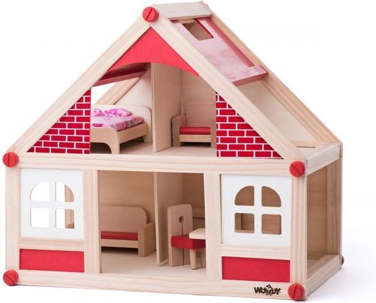Woody Toys poppenhuis met poppen en meubeltjes 91328