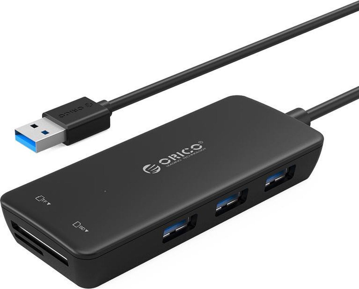 USB3.0 Hub met 3 type-A poorten - Kaartlezer SD/MF - Geïntegreerde kabel: 20 cm - Zwart