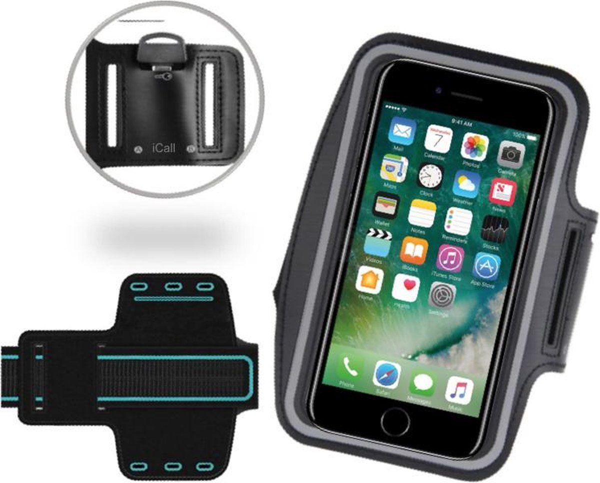Sport / Hardloop Armband Universeel Spatwaterdicht Hoesje – Zwart Sportband – voor Apple iPhone 7 / 6/6s / 5/5C/5SE en Samsung Galaxy J1 (2016) - Hardloop 4.7 inch Sport Armband Met Sleutelhouder (Samsung