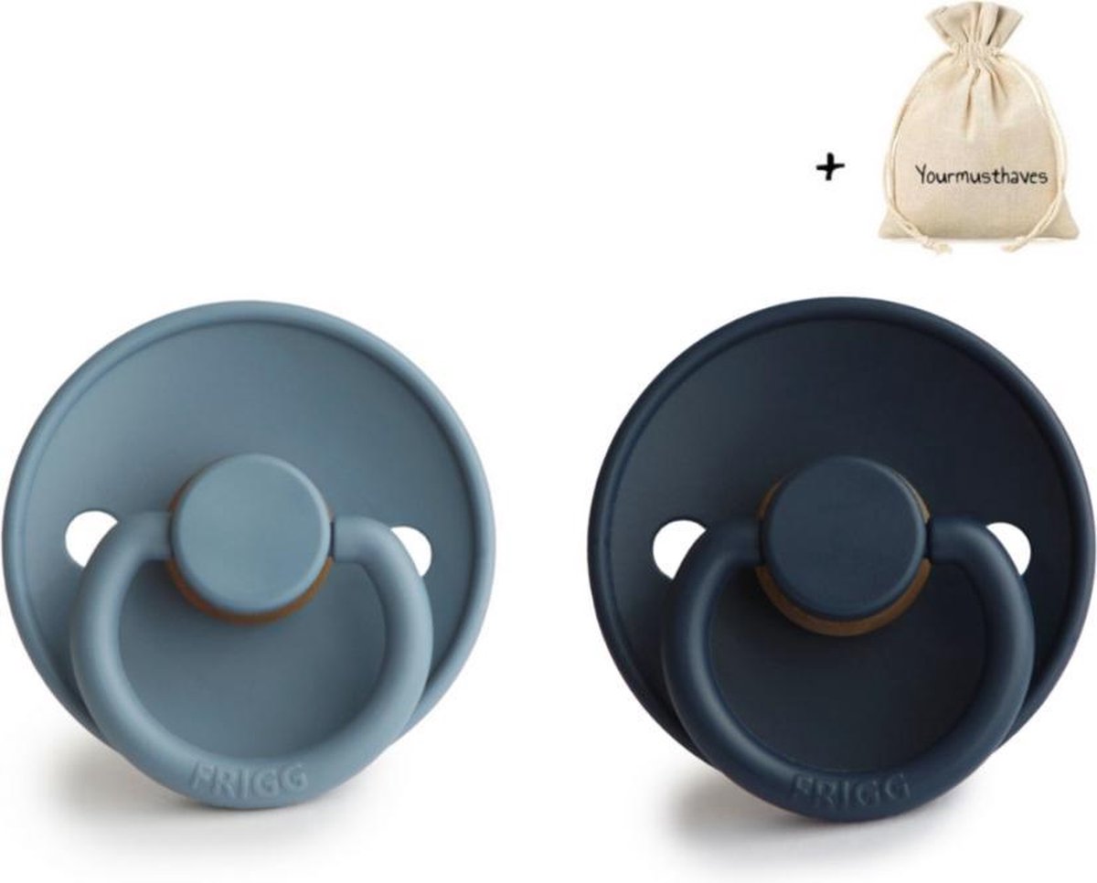 FRIGG | Fopspeen Duo | T1 | 0-6 maanden | Classic | Natuurrubber | Dark Navy + Glacier Blue | Met YOURMUSTHAVES speenzakje