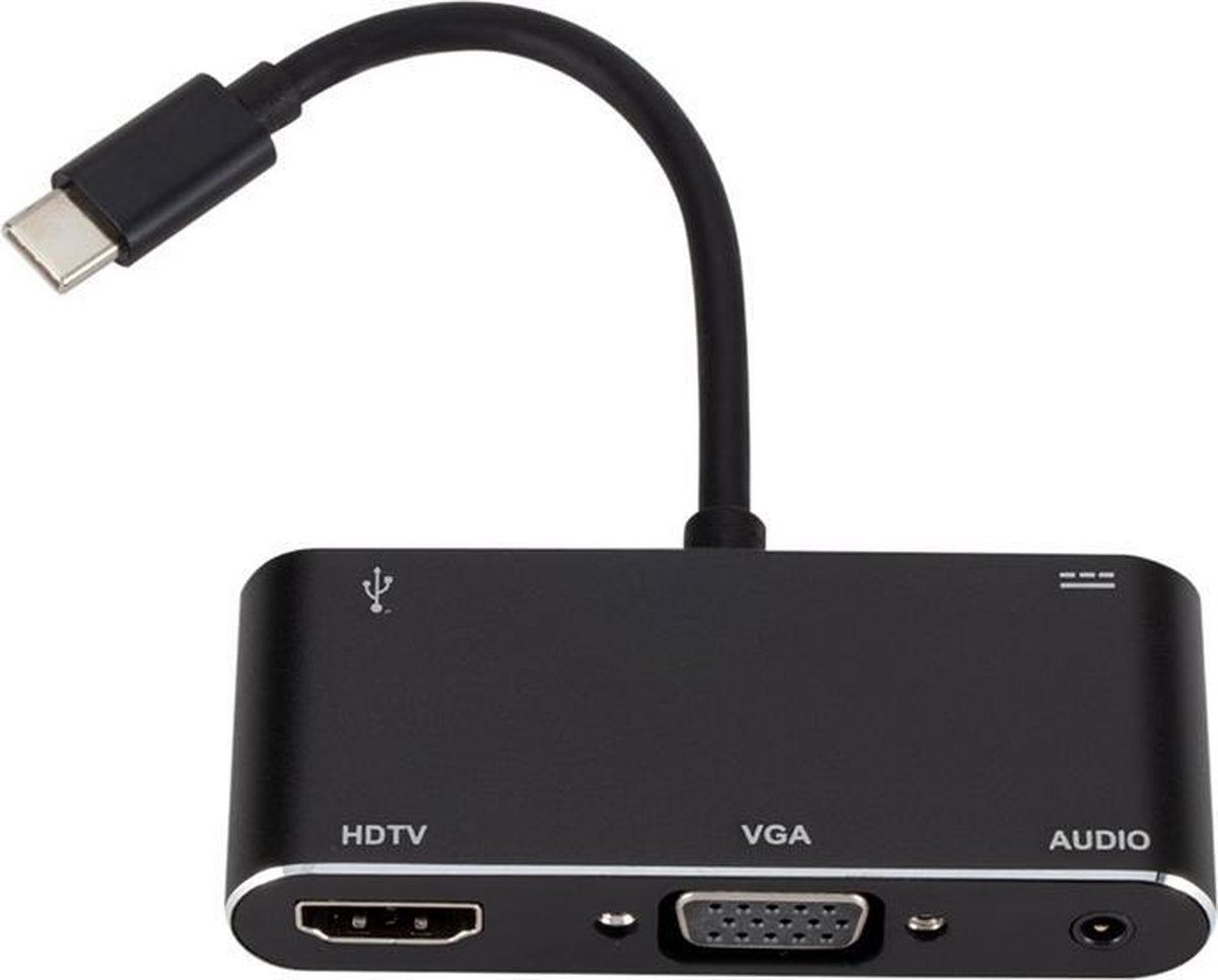 5 IN 1 USB-C (Type-C) naar HDMI + VGA + Aux + USB 3.0 + USB-C Adapter Hub Voor o.a. Macbook en Laptop| Premium Kwaliteit| Zwart