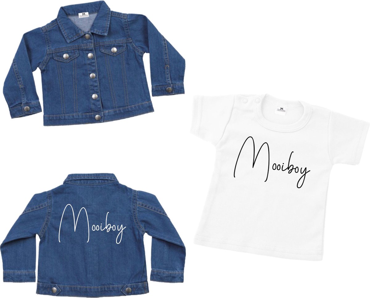 Spijkerjas jongens 12/18 mnd-Spijkerjack met bijpassend shirt-mooi boy-wit-zwart-shirt maat 92