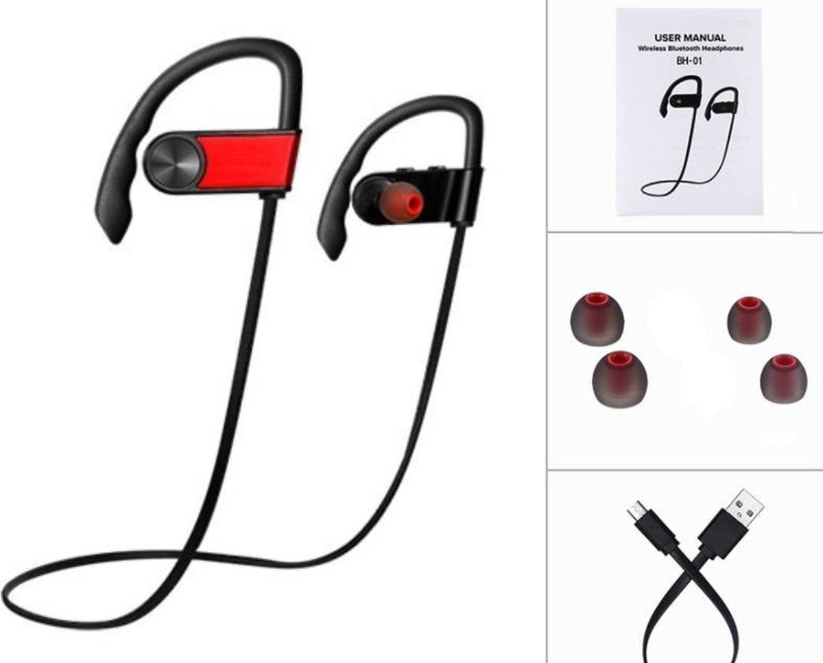 Draadloze bluetooth in ear sport oortjes headset - zweetbestendig - Rood
