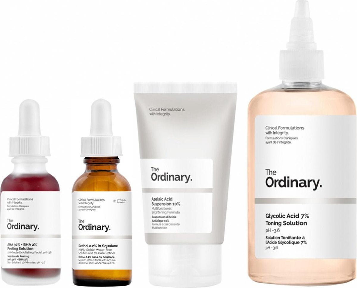 Uneven Skin Texture Kit The Ordinary Aha 30+ % 2% Peeling Solution The Ordinary Azelaic Acid Suspension 10% The Ordinary Glycolic Acid 7% Toning Solution The Ordinary Retinol 0.2% in Squalane - Tegen oneffenheden voor een egale huid