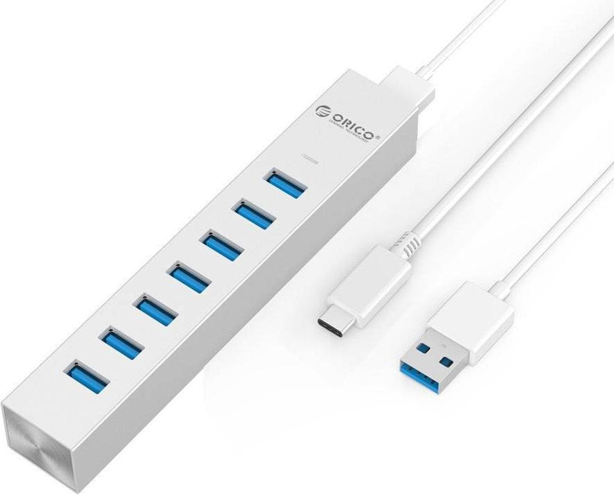 Orico - Aluminium USB3.0 Hub met 7 Type-A Poorten - Compatibel met Type-A en Type-C - Incl. 2 Datakabels & 10W Stroomadapter - VIA-Chip - 5Gbps - Zilver Metallic