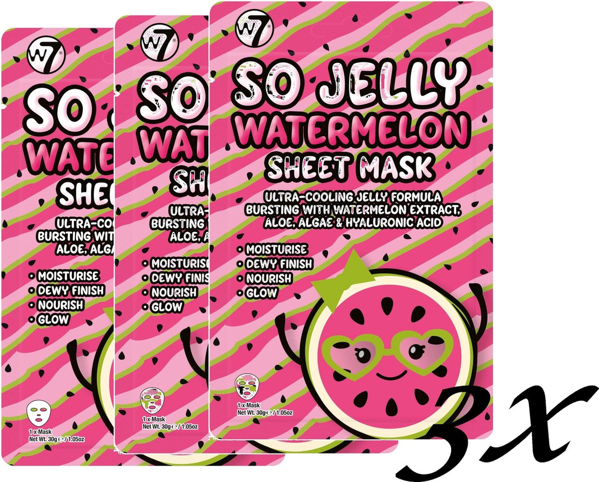 3x - W7 So Jelly Watermelon- Shots -Gezichtsmasker - Beauty - Ontspanningsmasker - Watermeloen