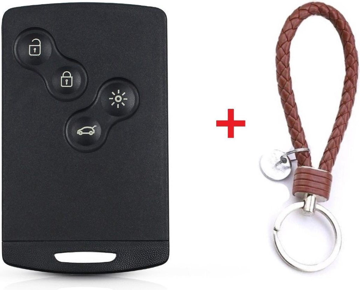 Autosleutel Smart Card 4 knoppen geschikt voor Renault sleutel / Scenic / Renault Grand Scenic / Renault Laguna / Renault Megane/ renault sleutelkaart behuizing + gevlochten bruin PU-lederen sleutelhanger.