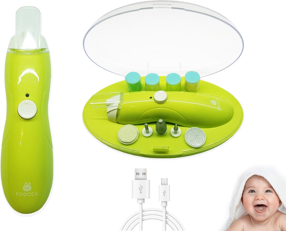 FOOCCA Baby Nagelknipper Manicureset - Oplaadbare Elektrische Baby Nagelvijl - Complete Baby Nagelset en Nageltrimmer - Oplaadbaar - Effectievere Vijlkopjes en Krachtige Motor - Ook voor Kleuters en Mama's - Groen