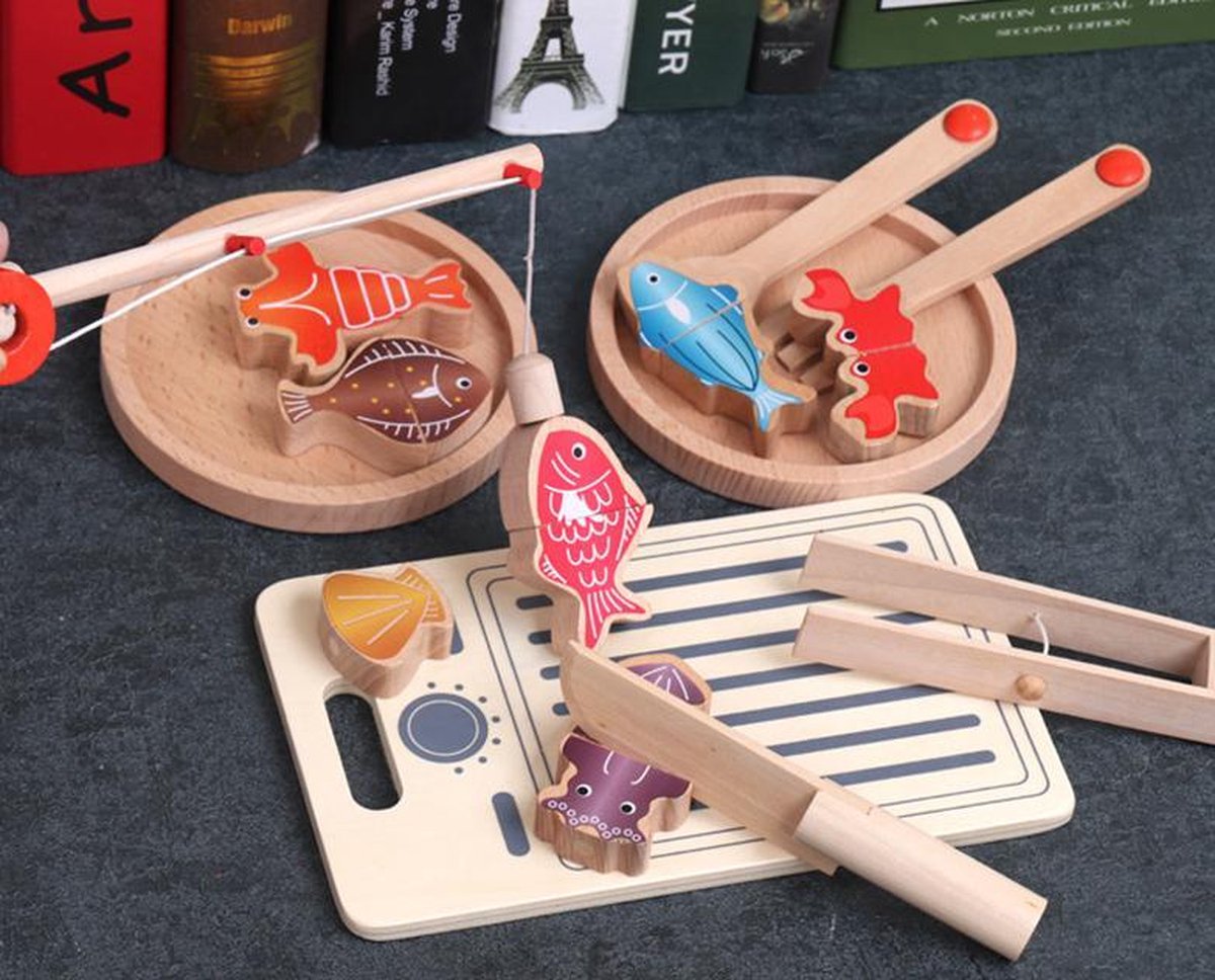 2-in-1 Luxe Snijset Houten Speelgoed met mesje en snijplank - Magnetisch Snijgroente - Speelgoedeten en -drinken & Vissen Houten Magnetisch Visspel - Fishing Game - Fijn Motorisch Vaardigheidsspeelgoed - Speelgoedkeukenaccessoireset