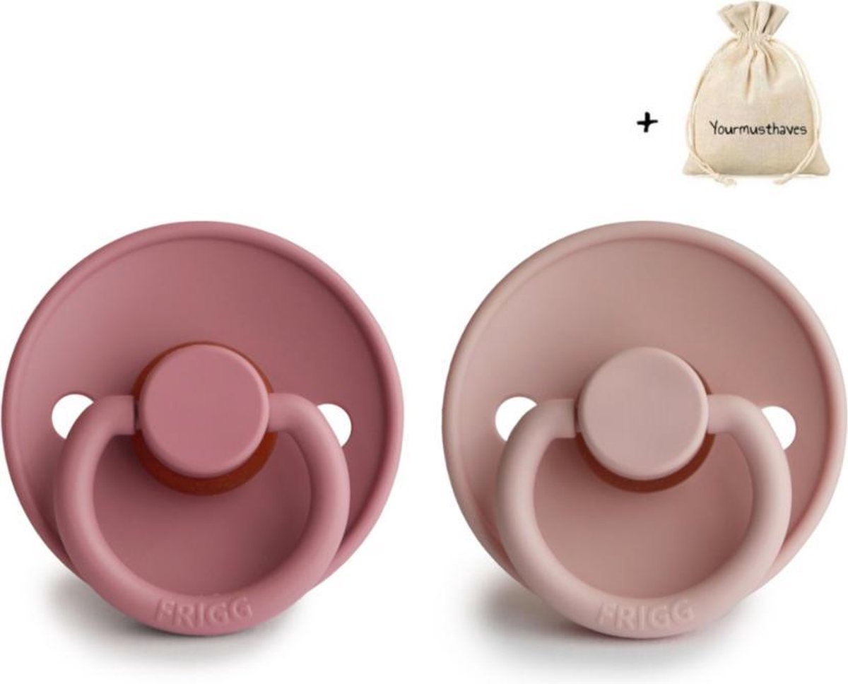FRIGG | Fopspeen Duo | T1 | 0-6 maanden | Classic | Natuurrubber | Blush + Dusty Rose | Met YOURMUSTHAVES speenzakje