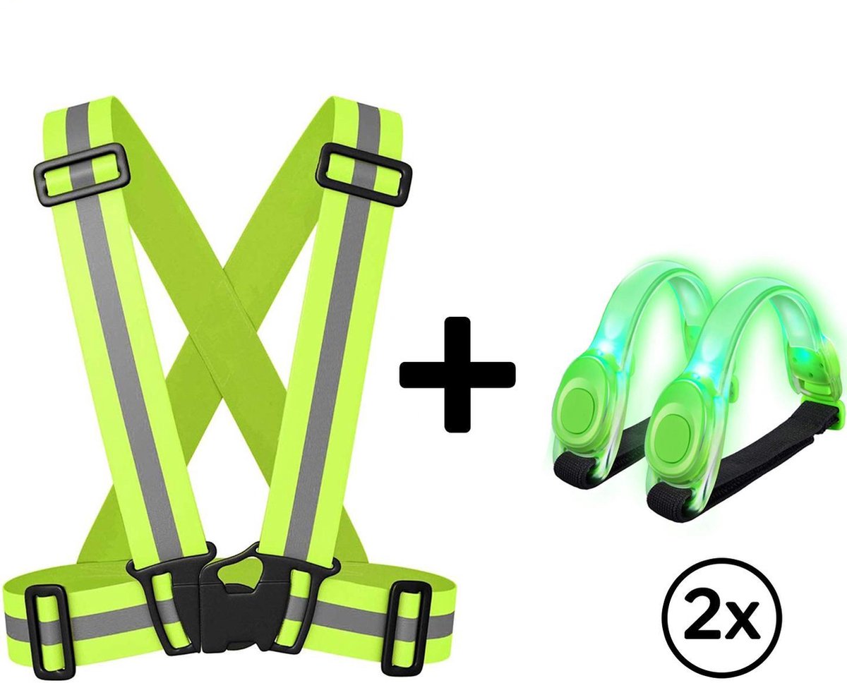 KW® Hardloop verlichting set groen | Geel reflecterend harnas met 2 groene licht strips | Hardloop licht | Veiligheidsvest | Sport hesje voor fietsen