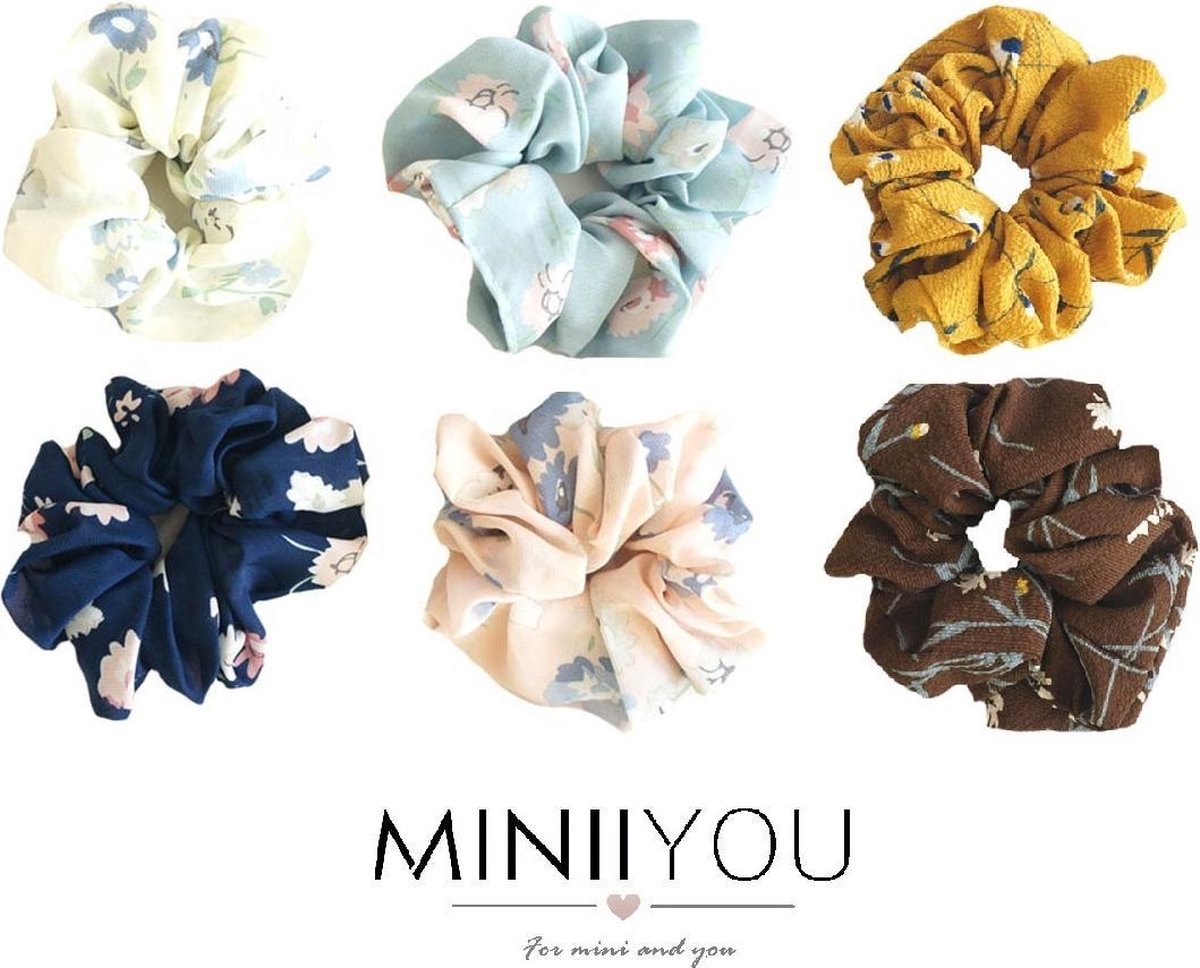 MINIIYOU® Set 6 stuks | Gebloemde dames haar scrunchies - meisjes haar scrunchies bloemenprint - haar scrunchie pack - haar elastieken - haar wokkels