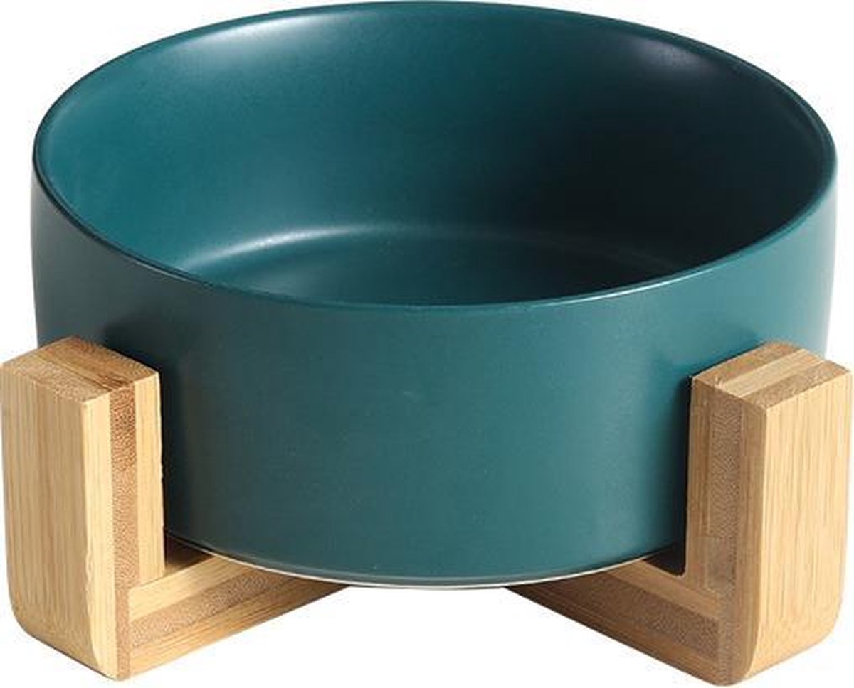 ElegaPet Honden Drink en Voerbak Groen + Bamboe Standaard - 1x Keramieke Drinkbak + Hout Onderframe - Design item voor in huis - Hond