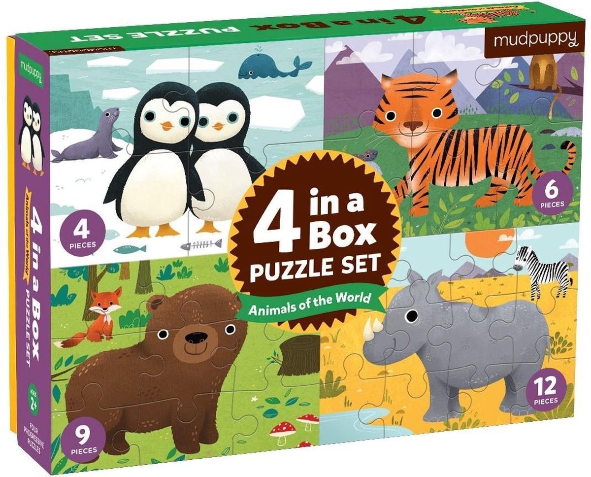 Mudpuppy 4-in-1 puzzel Dieren van de Wereld - 4+6+9+12 stukjes