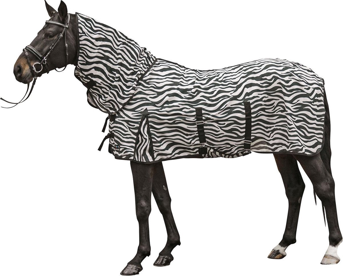 Vliegendeken met hals -Zebra- met buikflap wit/zwart 175