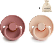 FRIGG | Fopspeen Duo | T1 | 0-6 maanden | Classic | Silicone | Powder Blush + Pink Cream | Met YOURMUSTHAVES speenzakje