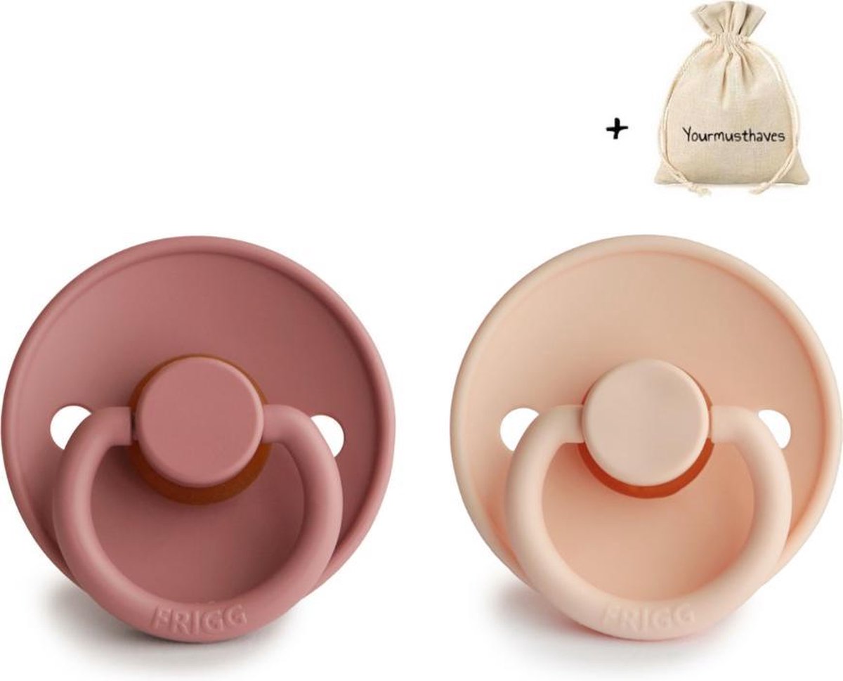 FRIGG | Fopspeen Duo | T1 | 0-6 maanden | Classic | Silicone | Powder Blush + Pink Cream | Met YOURMUSTHAVES speenzakje