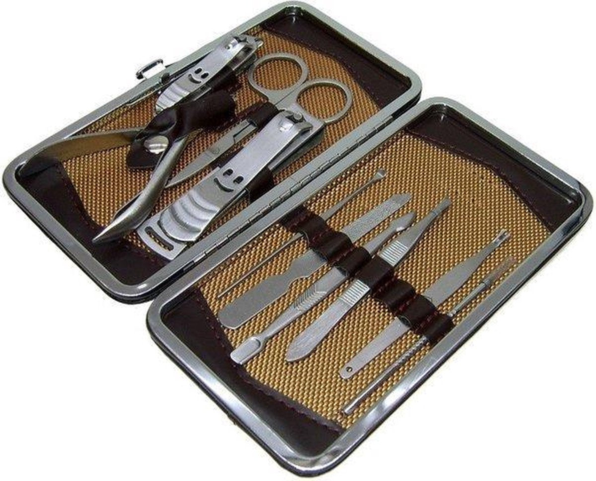 Manicure luxe set nagelknipper 10 delig kleur etui Bruin/Zwart Pedicure Reisset