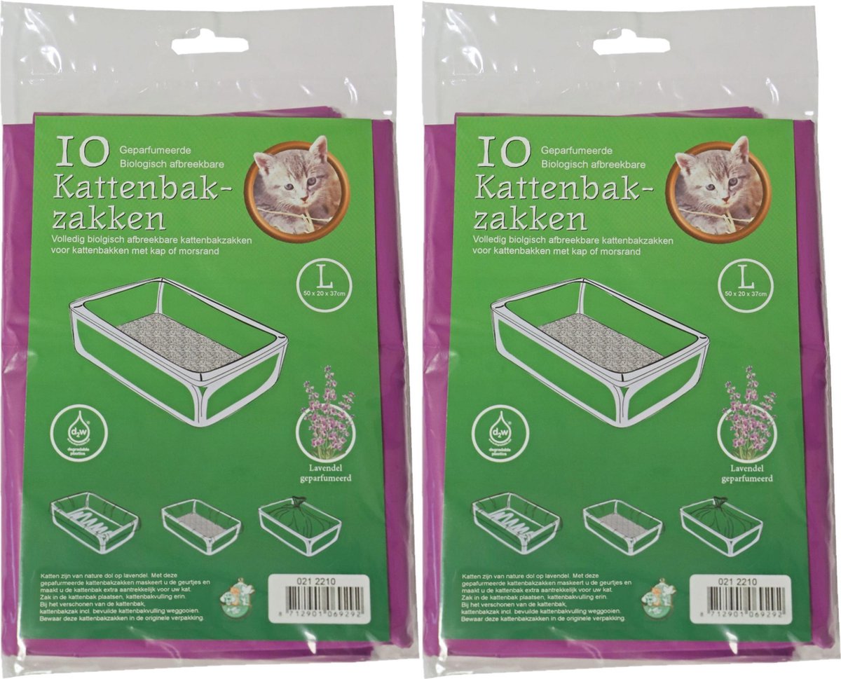 20x stuks bio kattenbak afvalzakken lavendel 50 x 20 x 37 cm - Kattenbakzakken