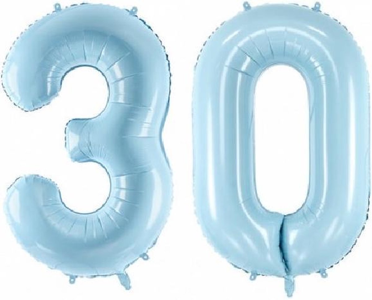 Folie ballon cijfer 30 jaar – 80 cm hoog – Blauw - met gratis rietje – Feestversiering – Verjaardag – Bruiloft