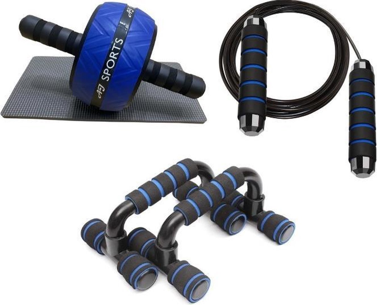AJ-Sports Workout set  - Fitness set - Thuis fitness - Home gym - Workout gear - Krachttraining - Opdruksteunen / Push up bar - Ab wheel / Buikspierwiel - Springtouw