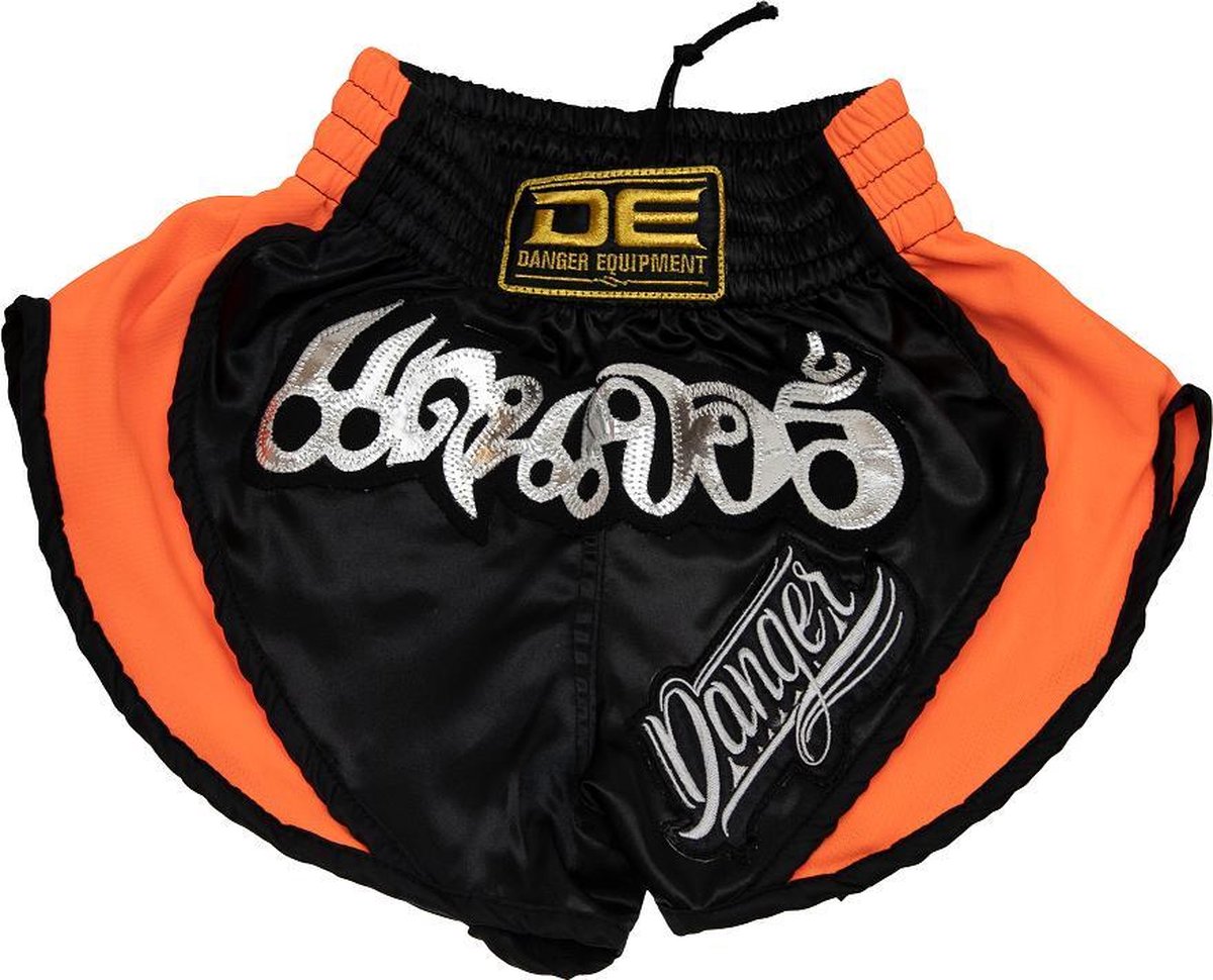 Kickboksbroekje voor kinderen Danger | satijn | zwart-oranje - Product Kleur: Zwart / Oranje / Product Maat: K3 of XS (7-9 jaar)