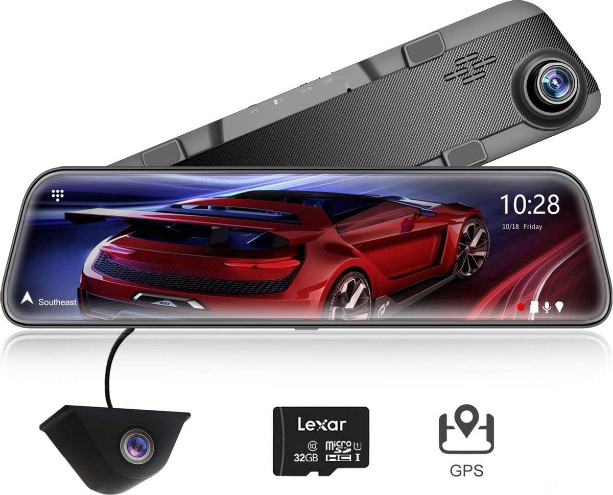 Spiegel Dashcam 12" IPS Touchscreen  2.5K + Full HD  Duo camera  GPS tracker (Gratis 32 GB TF-kaart)