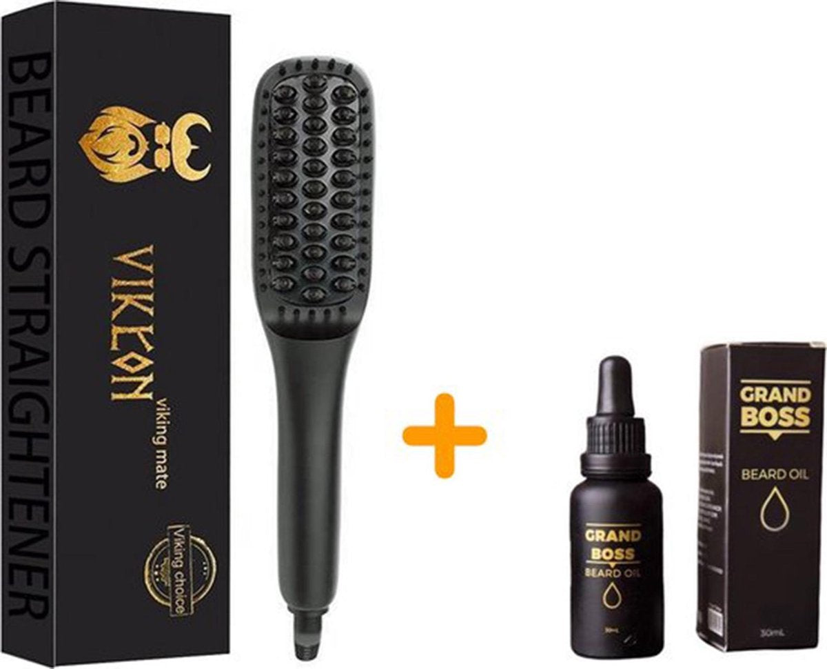 Vikicon - Keramische Baardstijler met Baardolie - Stijltang - Baard Verzorging Kam – Baardborstel Haar Straightener – Hitte Bestendige Punt Borstel – Zwart met Coating