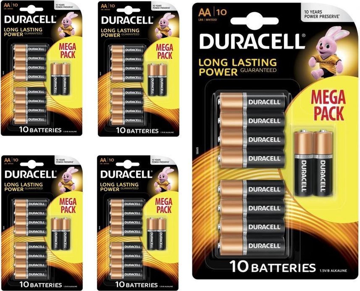 50 Stuks (5 Blisters a 10st) - Duracell MEGA Pack LR6 / AA / R6 / MN 1500 1.5V Alkaline batterij