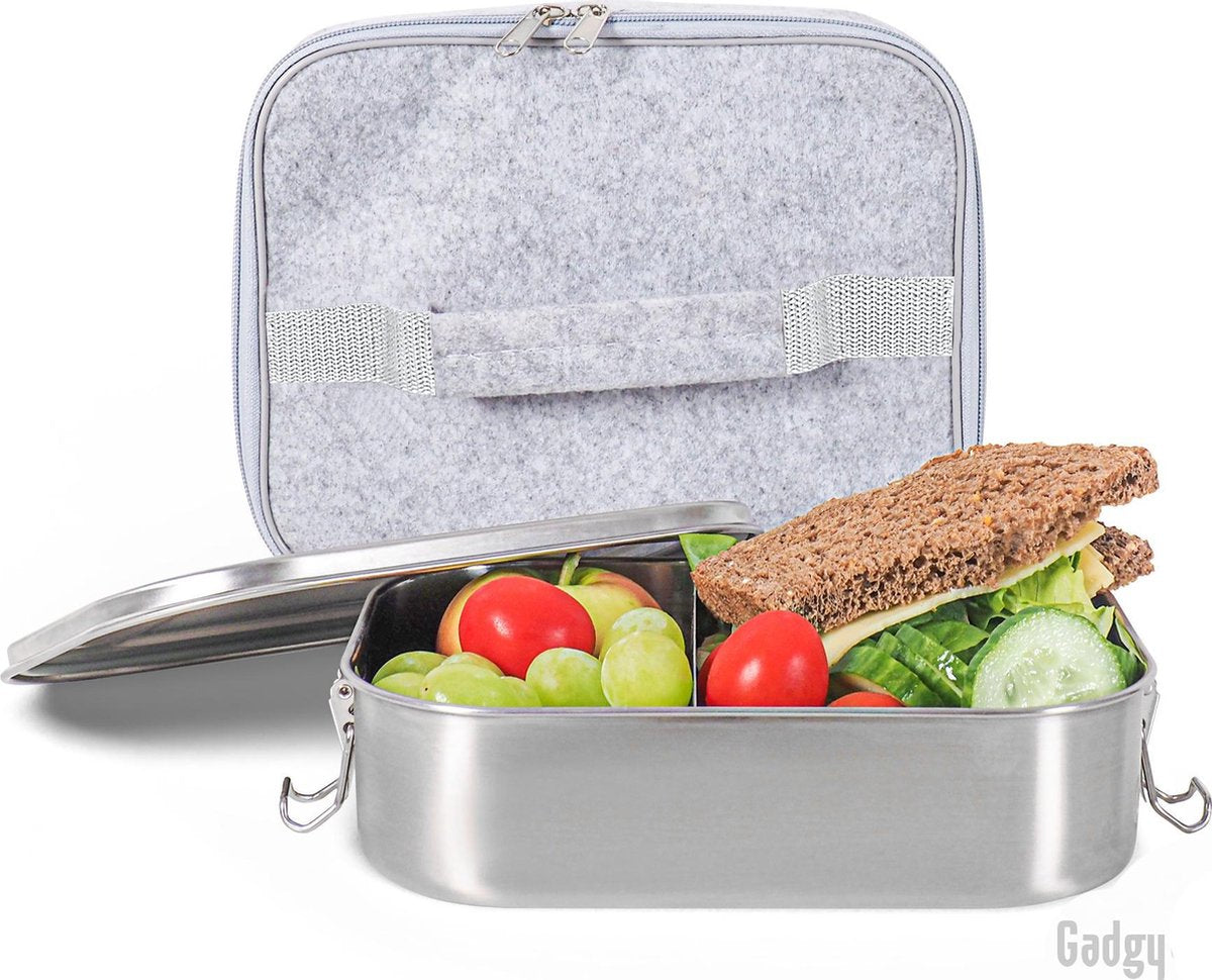 Gadgy Lunchbox RVS met Koeltas – 1400 ml. - Brooddoos met uitneembare voedselverdeler - Moederdag cadeau