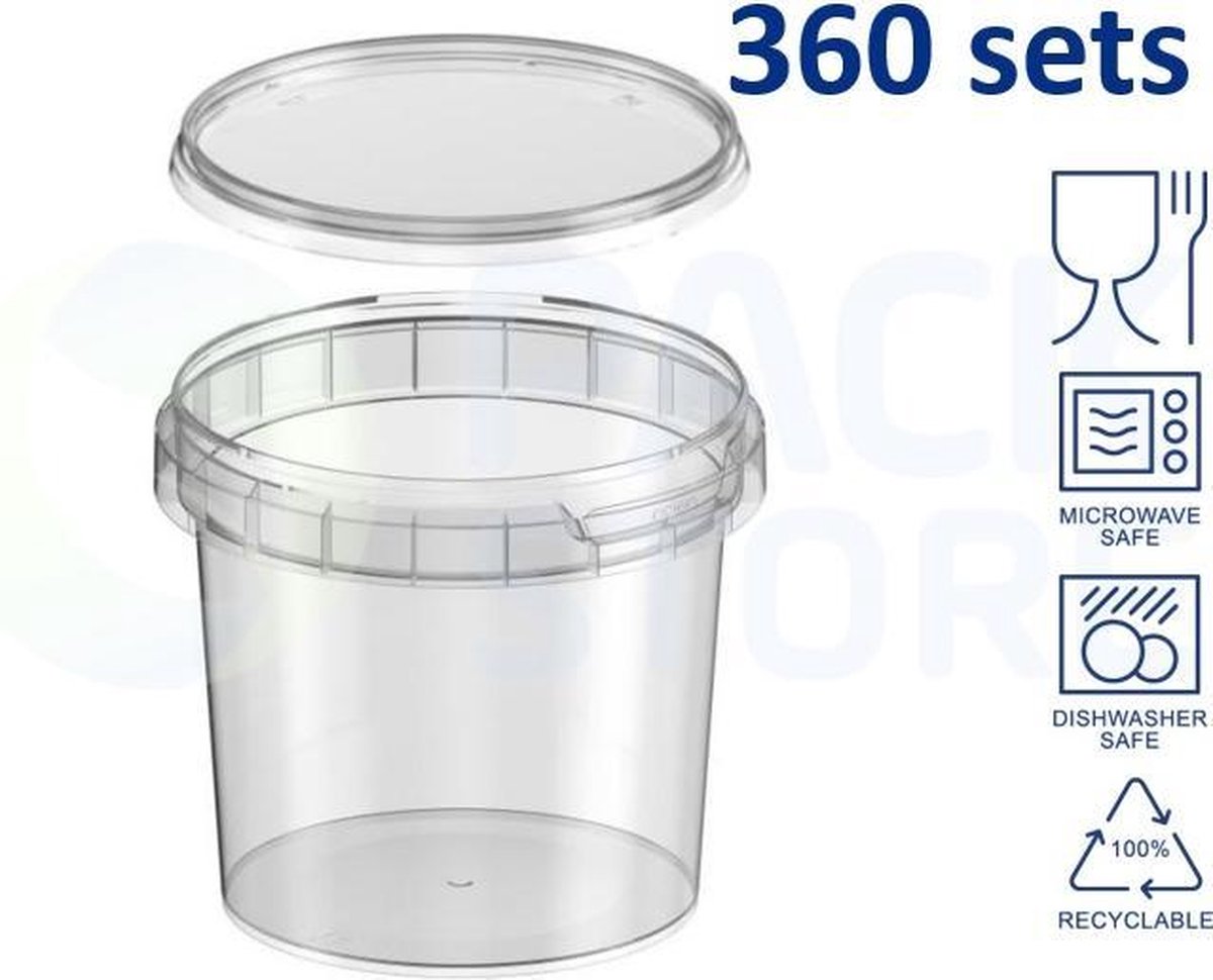360 x Plastic bakjes met deksel - rond (ø95mm) - 365 ml - Transparant - Geschikt voor diepvries