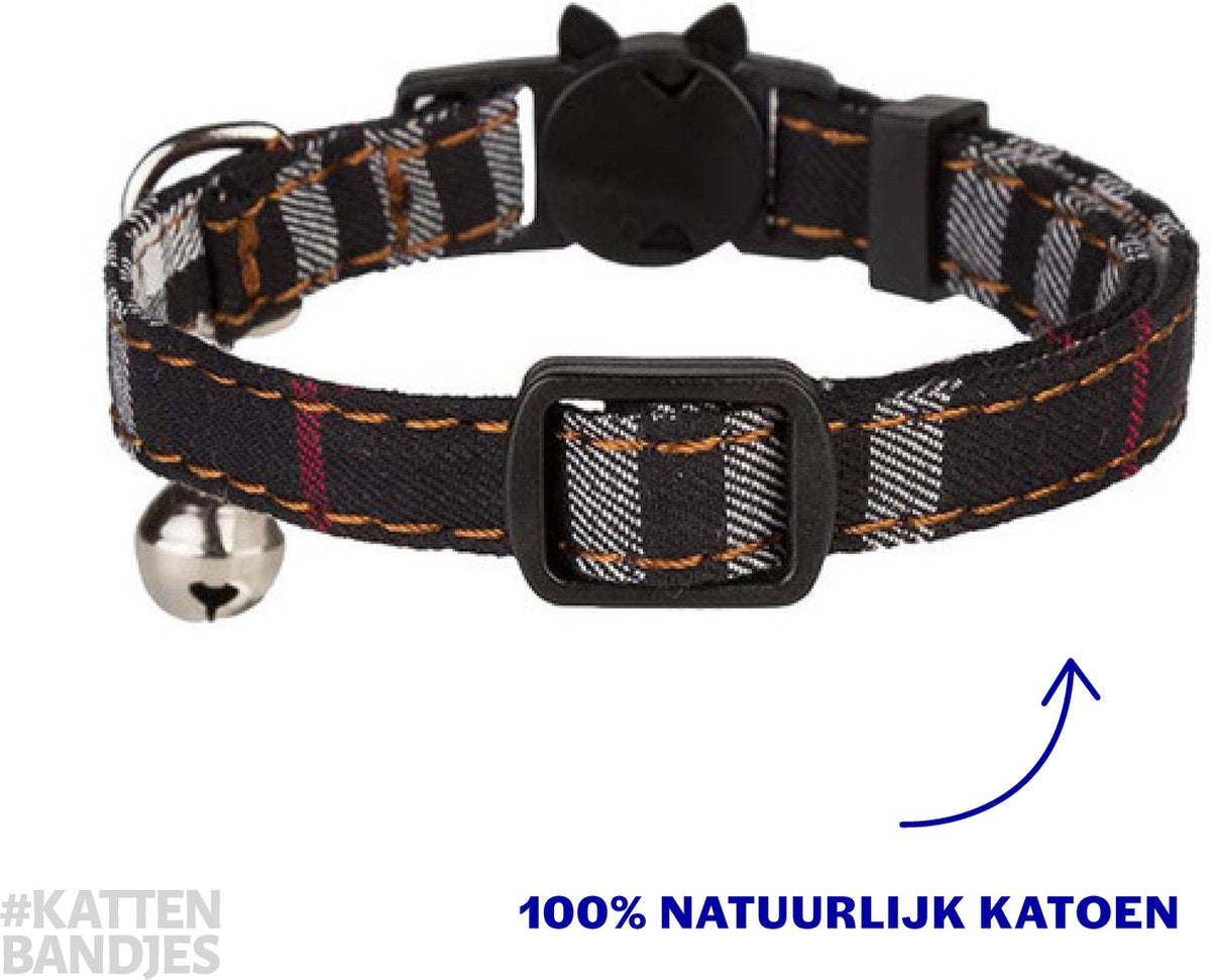 Halsband kat | Kattenband | Kattenhalsbandje | Kitten | Kattenbandje met belletje | Kattenhalsbandjes met veiligheidssluiting in dé klassieke zwarte ruit