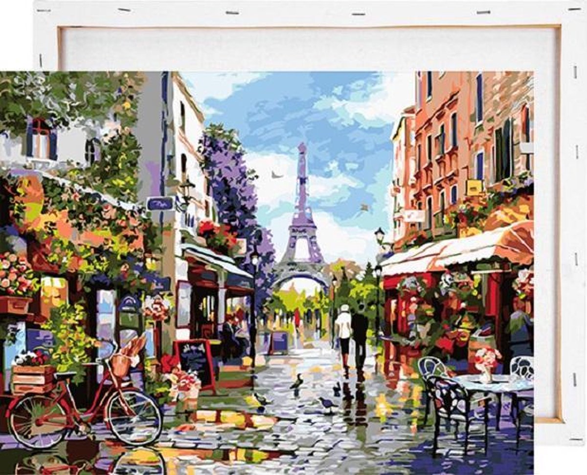 Straat bij Eiffeltoren Parijs - Schilderen op nummer - Met frame - 40x50 cm