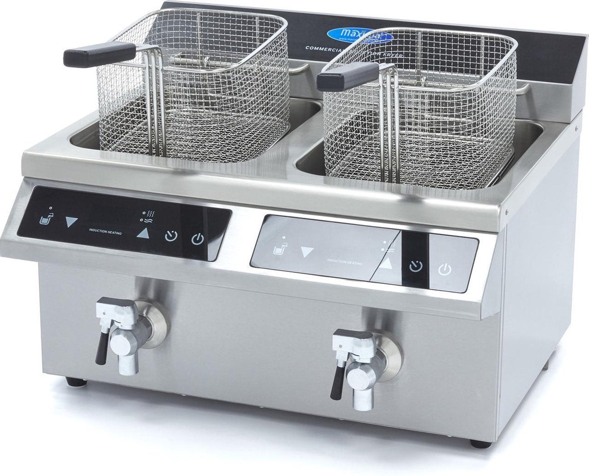 Horeca Frituurpan 2 x 4 Liter - Inductie - Tapkraan - RVS - LED Display - Timer - Koude Zone - Professionele Dubbele Friteuse /  Frietpan - Maxima