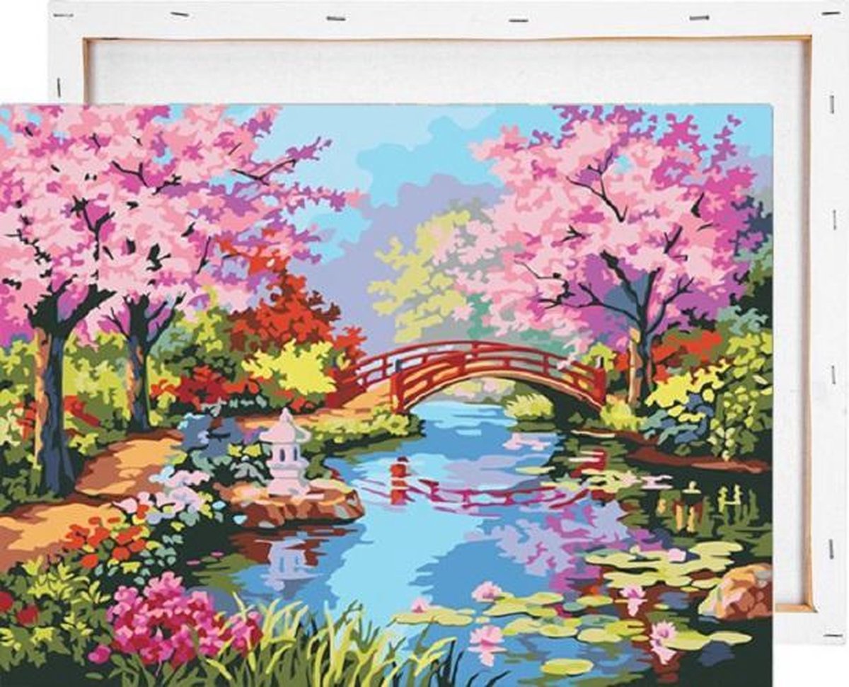 Bloesem naast rivier met brug - Schilderen op nummer - Met frame - 40x50 cm