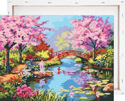 Bloesem naast rivier met brug - Schilderen op nummer - Met frame - 40x50 cm