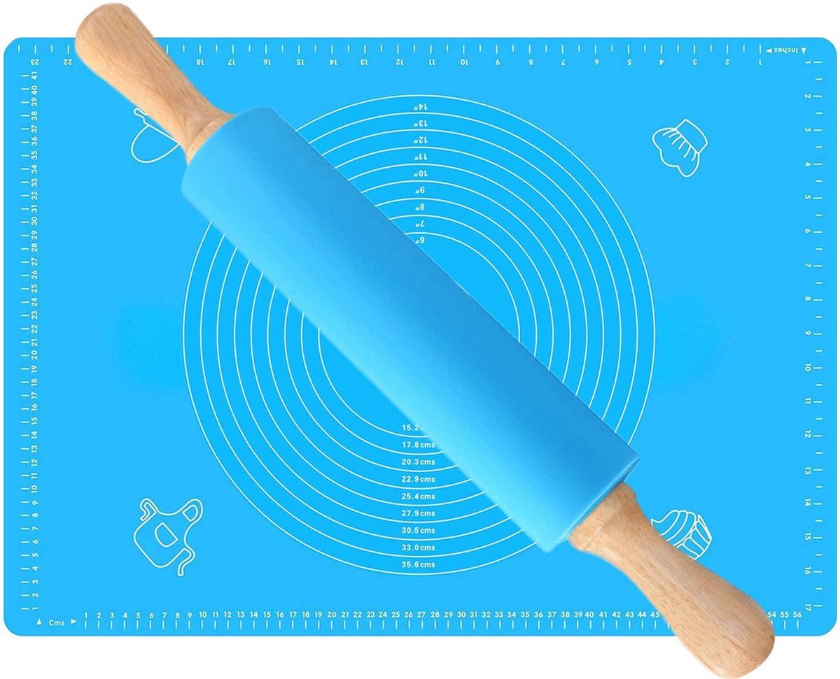 Siliqon Deegroller Antikleef - Silicone Deeg Roller - Incl. Antislip Bakplaat met Afmetingen - Rolling Pin - Deeg Rollen - Blauw - 30 cm