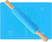 Siliqon Deegroller Antikleef - Silicone Deeg Roller - Incl. Antislip Bakplaat met Afmetingen - Rolling Pin - Deeg Rollen - Blauw - 30 cm
