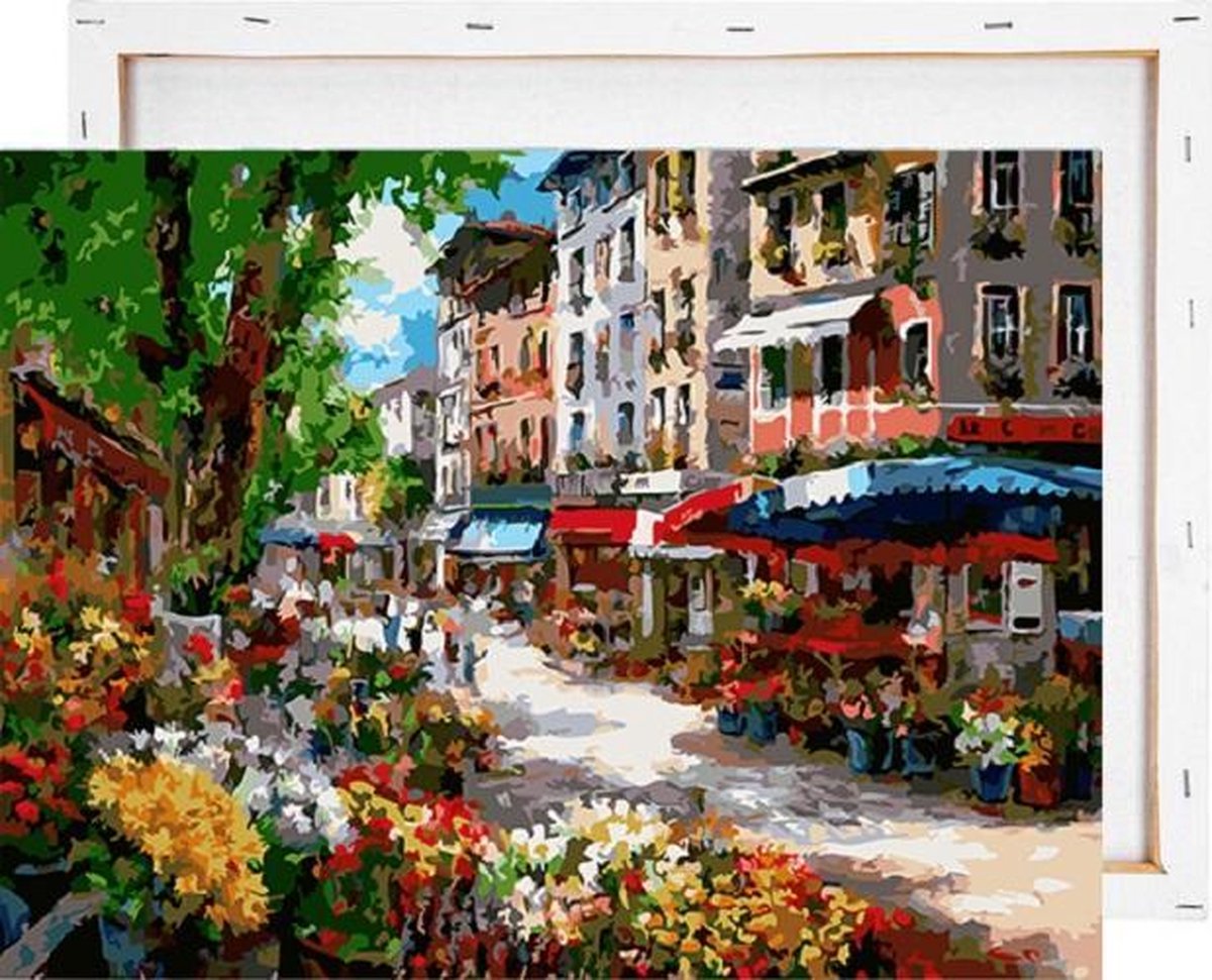 Bloemen in Amsterdamse straat - Schilderen op nummer - Met frame - 40x50 cm